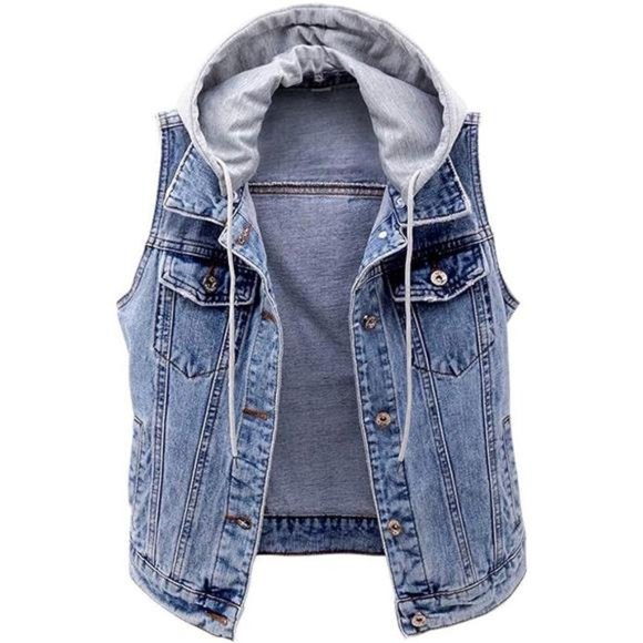 Women's Distressed Sleeveless Denim Vest with Detachable Hoodie Blue
